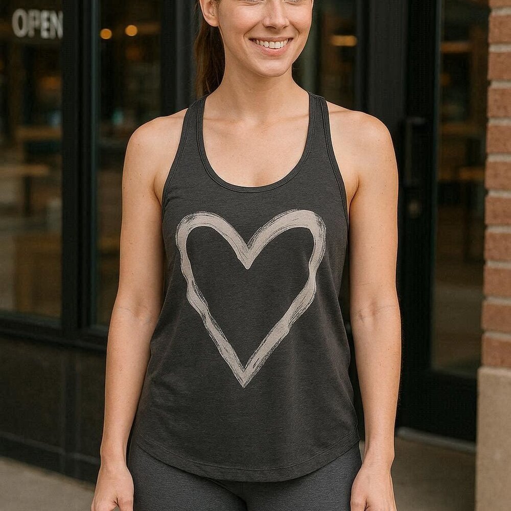 American Eagle Slate Gray Racerback Tank Top with Light Gray Heart Graphic M